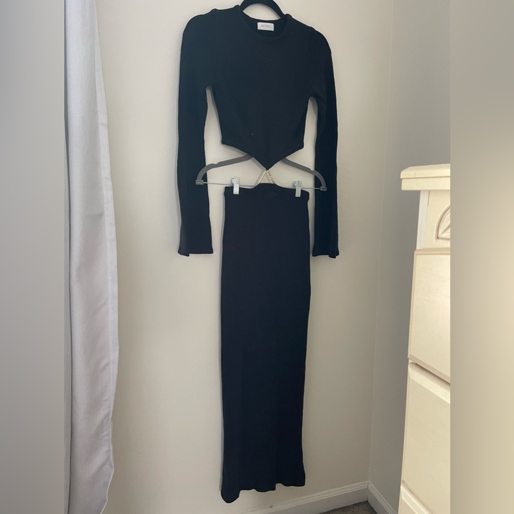 Meshki Black Knit Connected Two Piece Skirt Set